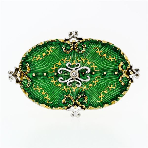 Vintage Italian UnoAErre 18K Gold Green Enamel Diamond Textured Oval Brooch Pin