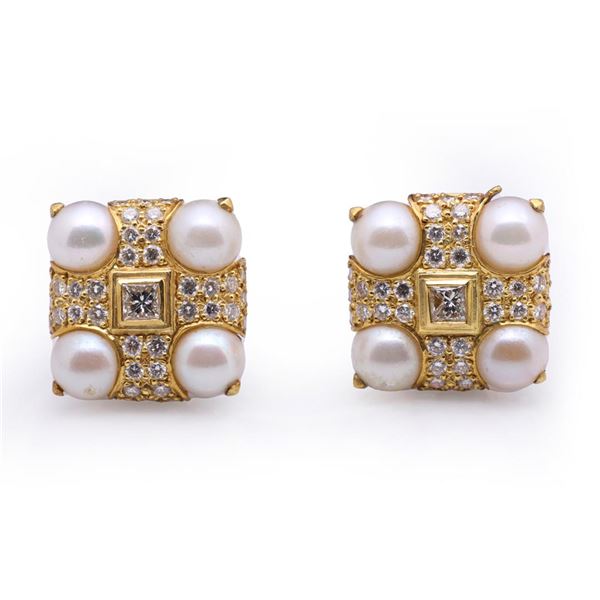 Pair of Heavy 18K Yellow Gold Diamond & Pearl Ear Clips
