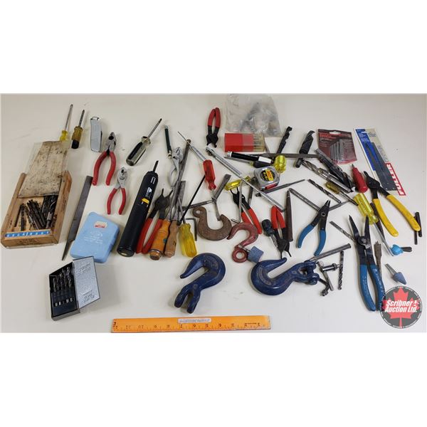 Estate Lot: Tray Lot - Variety Hand Tools (Incl. Files, Pliers, Drill Bits, Clevis, Tape Measure, et