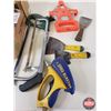 Image 2 : Combo Tool Lot: Hand Saws; Putty Knives; Level; Tape Measure; Mitre Saw; Staple Guns; etc! (SEE PICS