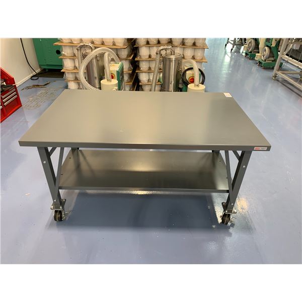 ULINE GREY METAL ROLLING WORK TABLE - APPROX.5FT ACROSS X 3FT WIDE X 3FT HIGH