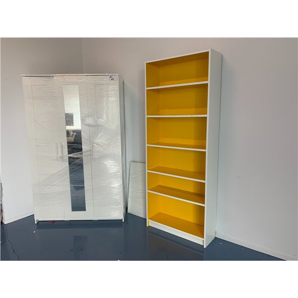 WHITE CONTEMPORARY MIRRORED FRONT WARDROBE & BOOKSHELF UNIT