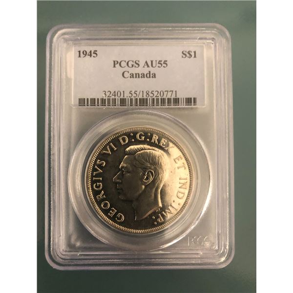 1945 King George VI Canadian Silver Dollar PCGS-AU55