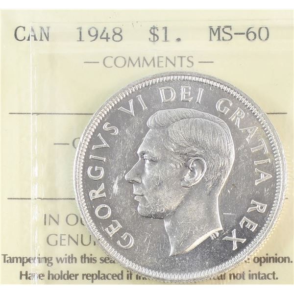 1948 King George VI Canadian Silver Dollar ICCS-MS-60 Nice White Coin