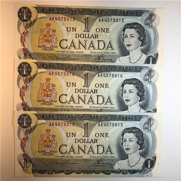 3 Consecutive Numbered1973 Canadian 1 Dollar Notes