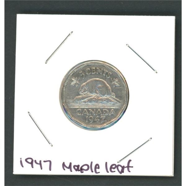 1947 Canadian Maple Leaf Nickle 5 Cent Coin