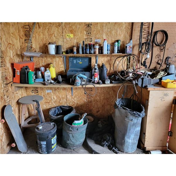 Tools, oils, vice, misc., grinder, battery, etc. (North wall)