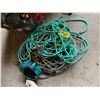 Image 1 : Heavy ext. cord, hose, charger, compressor, creeper, red rolling cabinet c/w contents