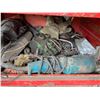 Image 5 : Heavy ext. cord, hose, charger, compressor, creeper, red rolling cabinet c/w contents
