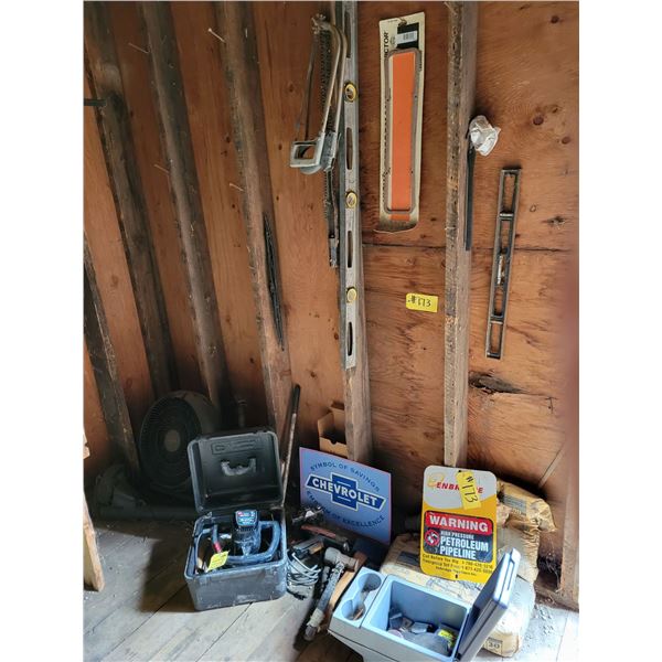 Polisher, levels, tape measures, signs, camera, timing light, fan, cement, plate etc.