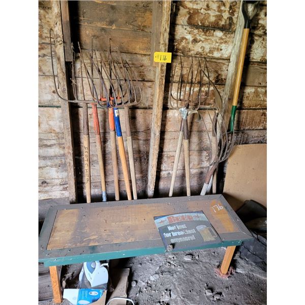 10 Forks, table, beer sign & iron