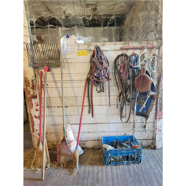 Forks, halter, brooms, all misc. on wall, & crate of misc.