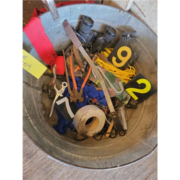 Tub of tools, binoculars