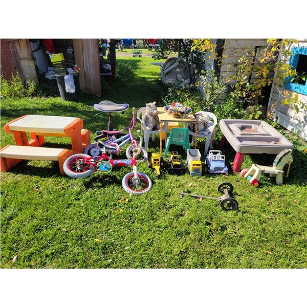 Children's sand table, picnic table, 2- bikes, table and chairs and misc. toys