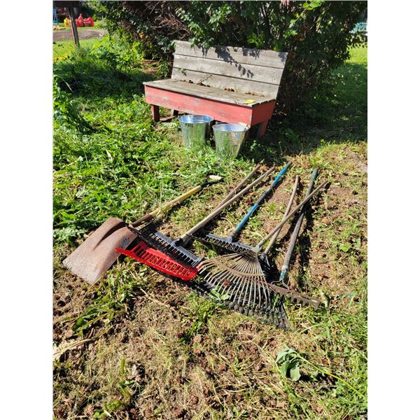 2- New pails, rakes, shovel & bench