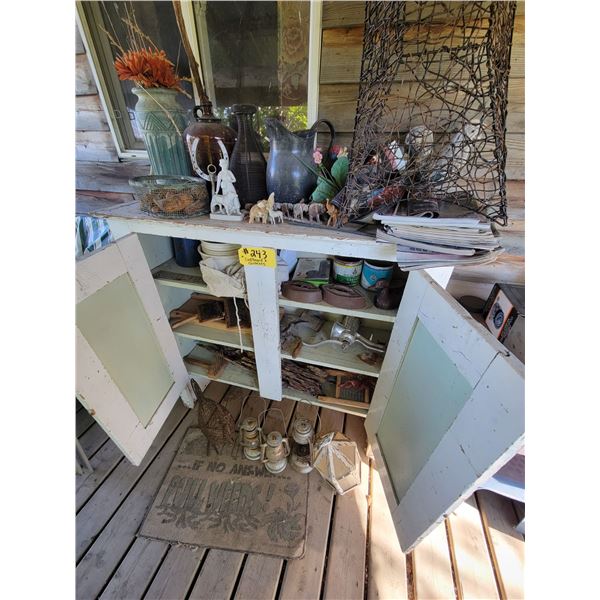 Cupboard c/w qty of antiques and décor