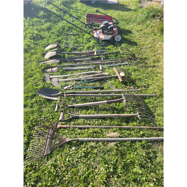 Forks, rakes, mower, wagon etc.