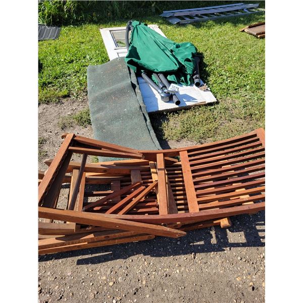 3- Wood folding chairs, underlay, umbrella & door