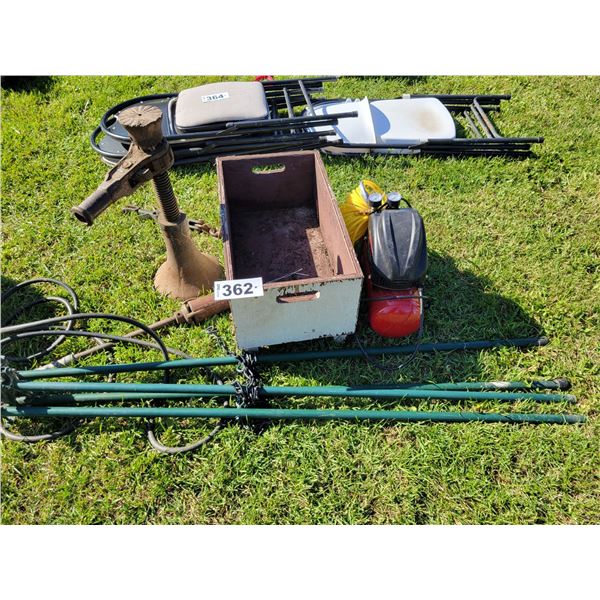 Green tripod stand, compressor, screw jack, wood box