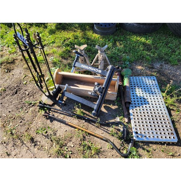 Fireplace tools, Schwing stationary bike stand, 2 PTOs, metal crate