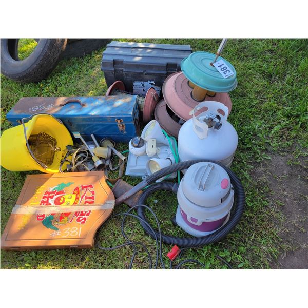 Dart board, vacuum, tank, motion light, pail