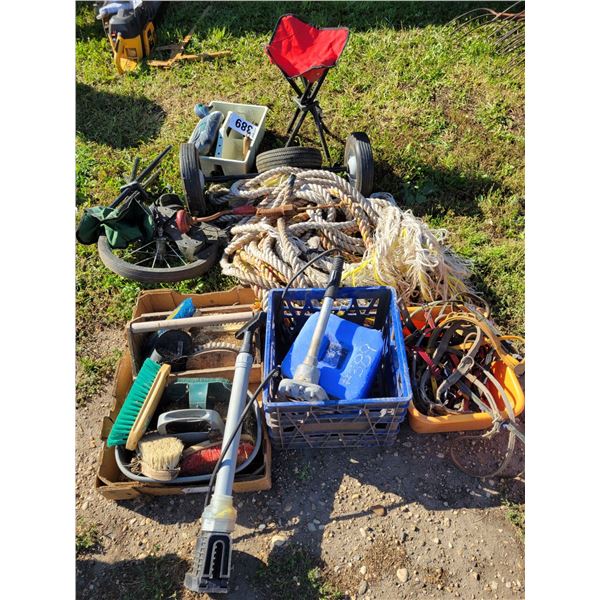 Heavy rope, brushes, elec. Heaters, air pump, drill, chairs, halters etc.