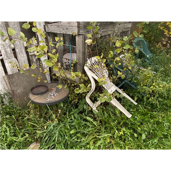 Table, rabbit cage c/w ornaments