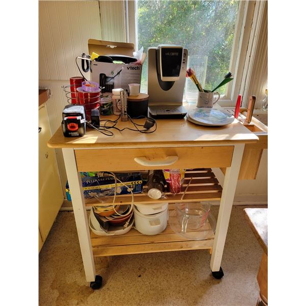 Rolling kitchen island c/w Keurig & contents