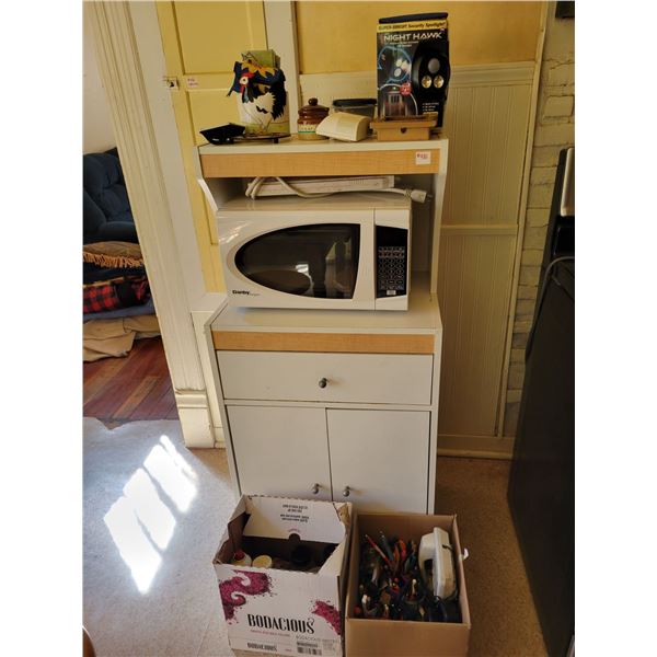 Microwave stand, Danby microwave c/w contents, décor, spices, 2- phones, pens etc.