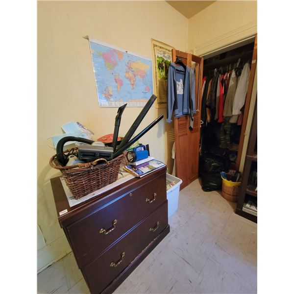 2 Drawer cabinet c/w contents & closet contents, clothes, shoes, etc.
