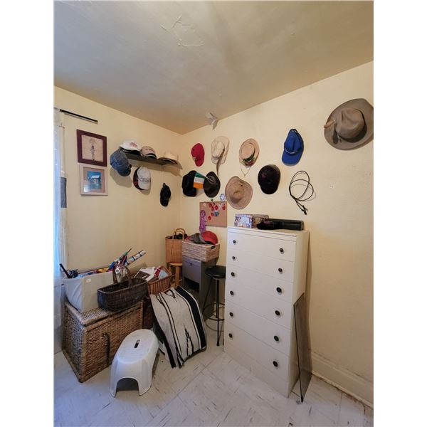 6 Drawer dresser, clothes, hats, baskets, 2- stools and misc.