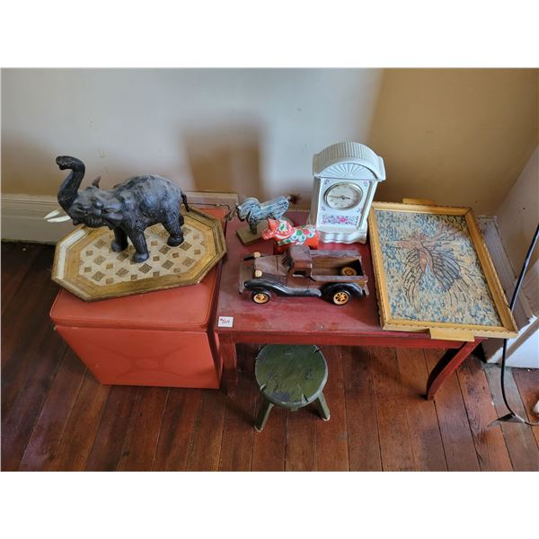 2- stools, storage box stool, 2- serving trays, sign, mantle clock and ornaments
