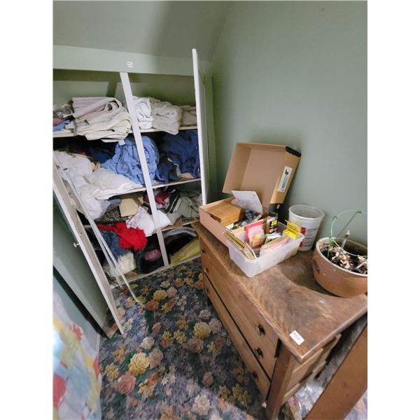 3 Drawer dresser c/w contents & qty of linen in closet