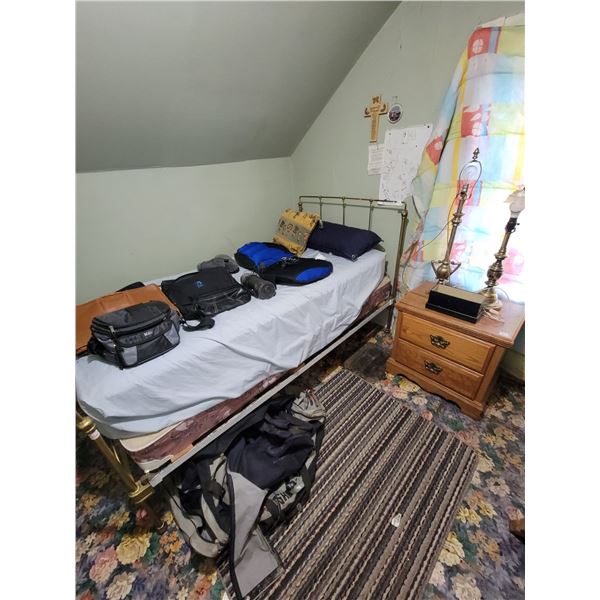 Single sized bed c/w bedframe, head & foot board, duffle bags, seat warmer, side table, lamp and con
