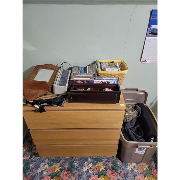 2 Drawer dresser c/w contents & tote c/w blankets etc.