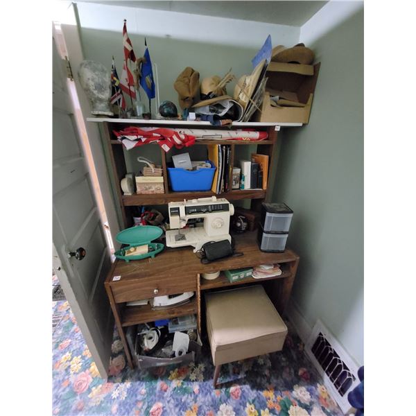 Office desk, stool c/w Singer sewing machine, craft/sewing supplies and misc.