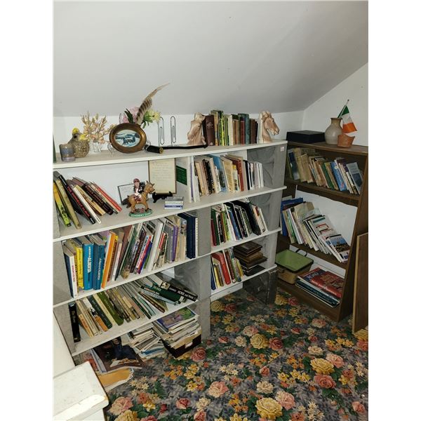 2- Shelves c/w qty of books, maps, magazines and ornaments