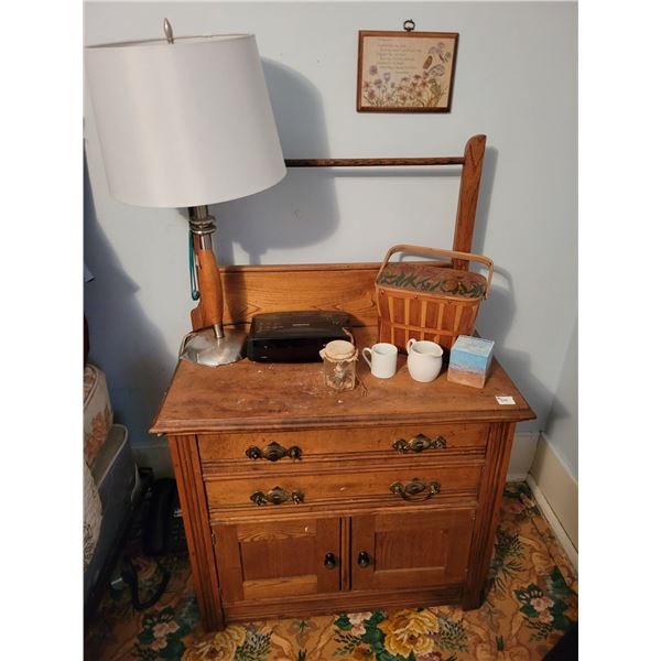 Bed side table c/w lamp, alarm clock & contents
