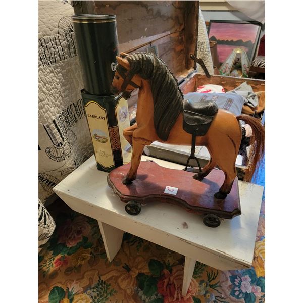 Horse figurine on wheels, 2- tins, & stool