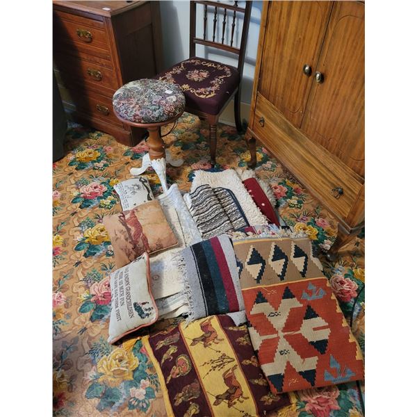 Old chair, stool, qty of rugs & throw pillows