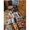 Image 1 : Old chair, stool, qty of rugs & throw pillows