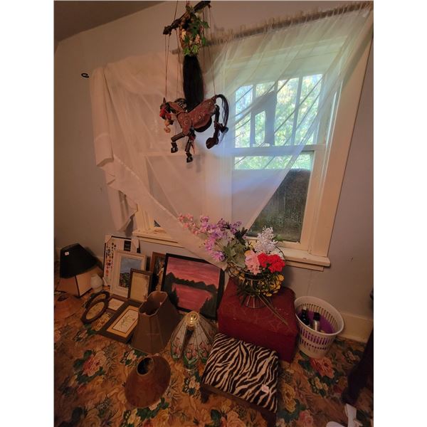 Qty of framed pictures, lamp shades, stools etc.