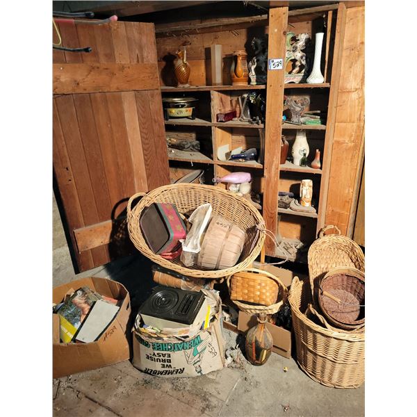 Qty of vases, ornaments, baskets, shelf and misc.