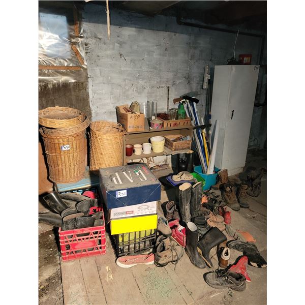 Cabinet, qty of boots, shoes, baskets, planter pots etc.