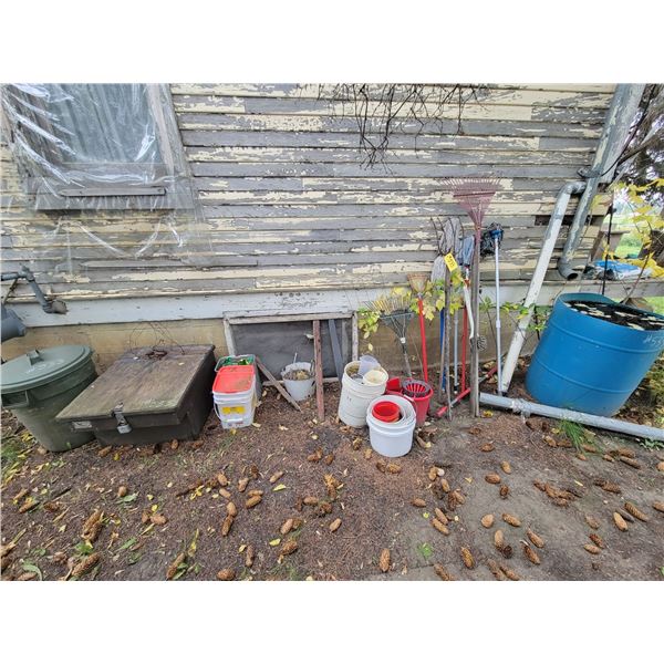 Qty of buckets, gardening tools, storage bin etc.