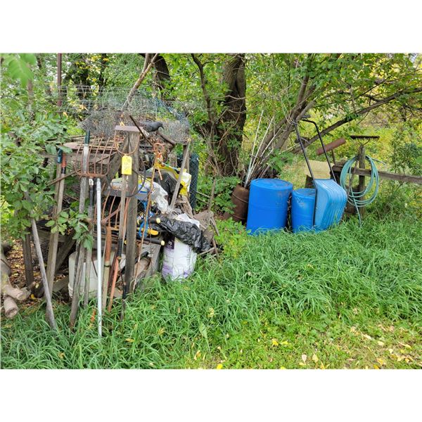 Qty of gardening tools, barrels, hoses, garden ornaments etc.