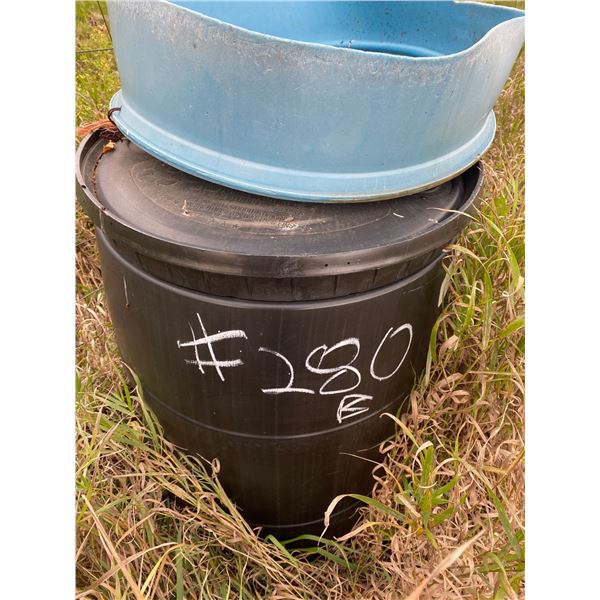 2- Barrels, blue water tank & white water tank c/w cage