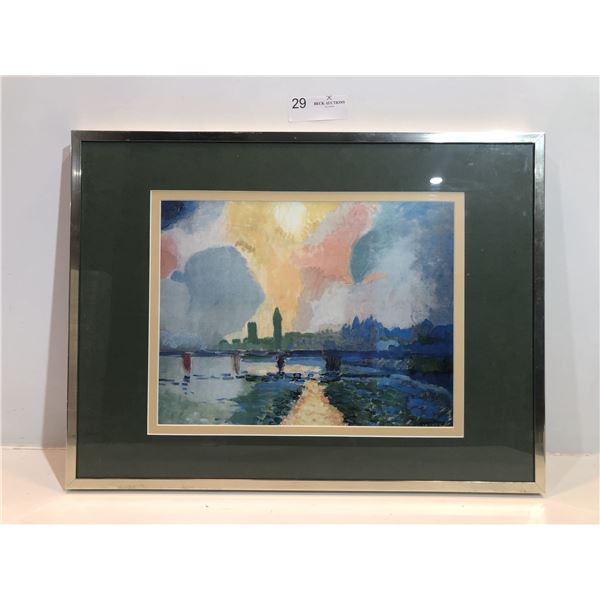 Silver Framed And Signed Sunset View Vibrant Watercolor On Board