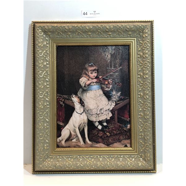 A Girl With Her Violin And Puppy Portrait Print, Untitled