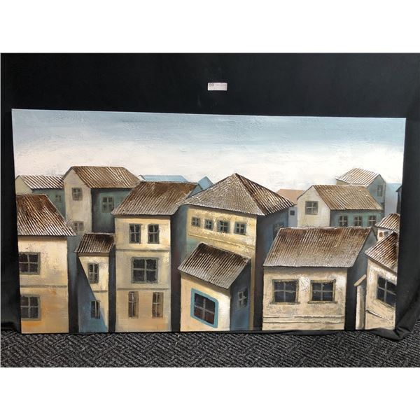 Olden Style Townhouses With Foil Roof Tops And Acrylic Painting On A Canvas
